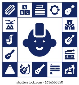 drum icon set. 17 filled drum icons.  Simple modern icons such as: Harmonica, Drum, Saxophone, Punk, Guitar, Teddy bear, Toy, Tambourine, India, Pump jack