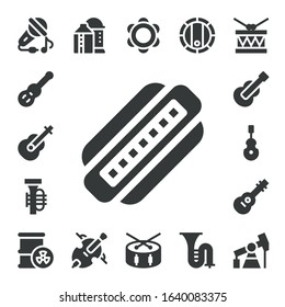 drum icon set. 17 filled drum icons. Included Sing, Guitar, Harmonica, Tuba, Instrument, Barrel, Silo, Cello, Tambourine, Drum, Trombone, Pump jack icons