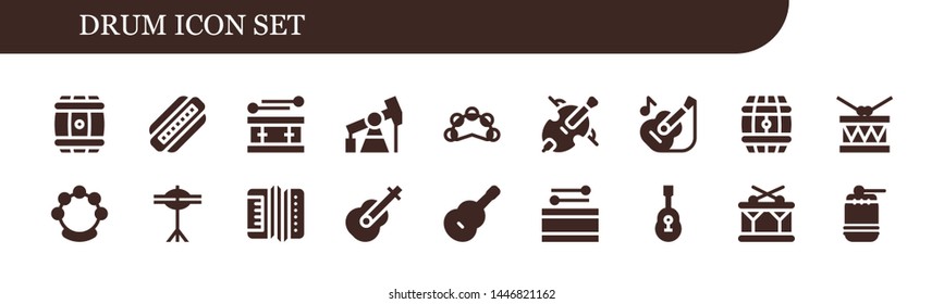 drum icon set. 18 filled drum icons.  Simple modern icons about  - Barrel, Harmonica, Drum, Pump jack, Tambourine, Cello, Guitar, Cymbals, Accordion