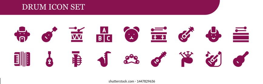 drum icon set. 18 filled drum icons.  Simple modern icons about  - Punk, Guitar, Drum, Toy, Teddy bear, Accordion, Tuba, Saxophone, Tambourine, Bagpipes