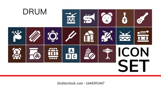 drum icon set. 19 filled drum icons. Included Drum, Bagpipes, Teddy bear, Barrel, Toy, Toys, Cymbals, Harmonica, Tambourine, Diapason, Silo, Cello, Trombone, Guitar icons