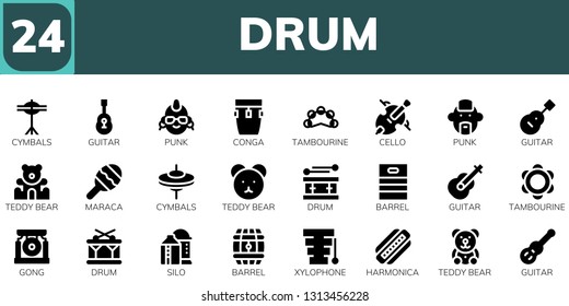 drum icon set. 24 filled drum icons.  Collection Of - Cymbals, Guitar, Punk, Conga, Tambourine, Cello, Teddy bear, Maraca, Drum, Barrel, Gong, Silo, Xylophone, Harmonica