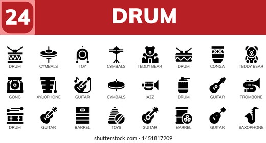 drum icon set. 24 filled drum icons.  Collection Of - Drum, Cymbals, Toy, Teddy bear, Conga, Gong, Xylophone, Guitar, Jazz, Trombone, Barrel, Toys, Saxophone