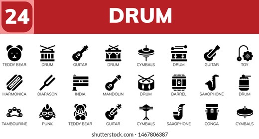 drum icon set. 24 filled drum icons.  Simple modern icons about  - Teddy bear, Drum, Guitar, Cymbals, Toy, Harmonica, Diapason, India, Mandolin, Barrel, Saxophone, Tambourine