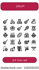  drum icon set. 25 filled drum icons. Simple modern icons about  - Guitar, Toys, Toy, Sing, Tuba, Barrel, Maraca, Teddy bear, Punk, Drum, Harmonica, Gong, Trombone, Pump jack