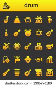 drum icon set. 26 filled drum icons.  Simple modern icons about  - Saxophone, Toys, Toy, Tambourine, Drum, Tuba, Instrument, Guitar, Teddy bear, Cello, Barrel, Mandolin, Trombone