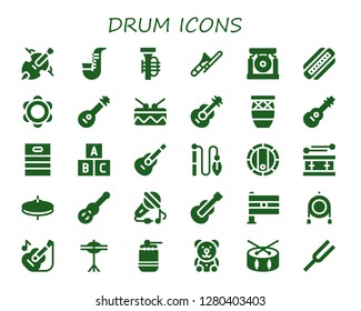  drum icon set. 30 filled drum icons. Simple modern icons about  - Cello, Saxophone, Tuba, Trombone, Gong, Harmonica, Tambourine, Mandolin, Drum, Guitar, Conga, Barrel, Toy, Cymbals