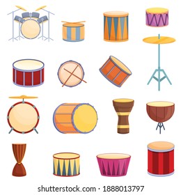 Drum icon set. Cartoon set of drum vector icons for web design