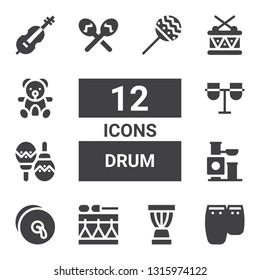 drum icon set. Collection of 12 filled drum icons included Conga, Djembe, Drum, Cymbals, Toy, Maracas, Teddy bear, Cello