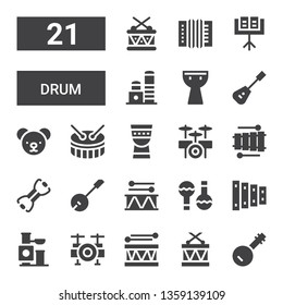 drum icon set. Collection of 21 filled drum icons included Banjo, Drums, Drum, set, Toy, Xylophone, Maracas, Bands, Timpani, Teddy bear, Mandolin, Kettledrum, Music stand