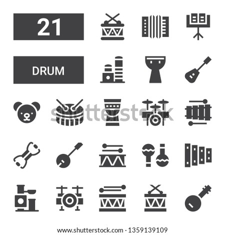 drum icon set. Collection of 21 filled drum icons included Banjo, Drums, Drum, set, Toy, Xylophone, Maracas, Bands, Timpani, Teddy bear, Mandolin, Kettledrum, Music stand