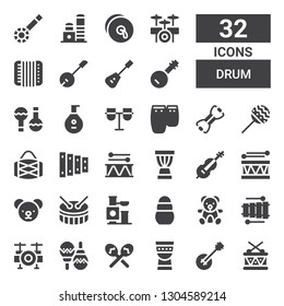 drum icon set. Collection of 32 filled drum icons included Drum, Banjo, Timpani, Maracas, set, Xylophone, Teddy bear, Toy, Cello, Djembe, Bands, Conga, Lute, Mandolin, Accordion
