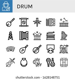 drum icon set. Collection of Musician, Banjo, Islam, Samba, Accordion, Drum, Pumpjack, Harp, Lute, Mandolin, Drums, Drum kit, Cello, Castanets, Singing, Maracas, Barrel icons