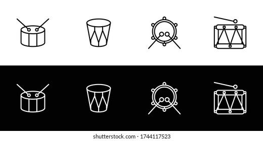 Drum icon set. Flat design icon collection isolated on black and white background.