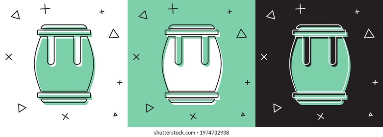 Drum icon set isolated on white and green, black background. Music sign. Musical instrument symbol.  Vector