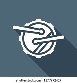 Drum icon. Simple music instrument with drumsticks. White flat icon with long shadow on background