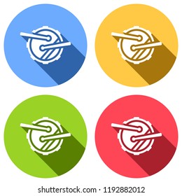Drum icon. Simple music instrument with drumsticks. Set of white icons with long shadow on blue, orange, green and red colored circles. Sticker style