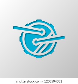 Drum icon. Simple music instrument with drumsticks. Paper design. Cutted symbol with shadow