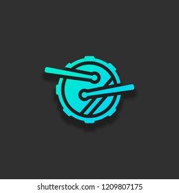 Drum icon. Simple music instrument with drumsticks. Colorful logo concept with soft shadow on dark background. Icon color of azure ocean