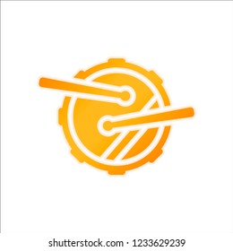 Drum icon. Simple music instrument with drumsticks. Orange sign with low light on white background