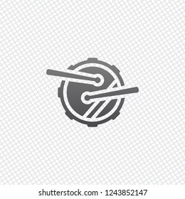 Drum icon. Simple music instrument with drumsticks. On grid background