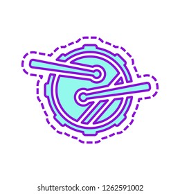 Drum icon. Simple music instrument with drumsticks. Colored sketch with dotted border on white background