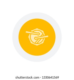 Drum icon. Simple music instrument with drumsticks. Icon in colored circle with gray bold border. Web button, modern flat design