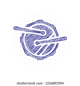 Drum icon. Simple music instrument with drumsticks. Hand drawn sketched picture with scribble fill. Blue ink. Doodle on white background
