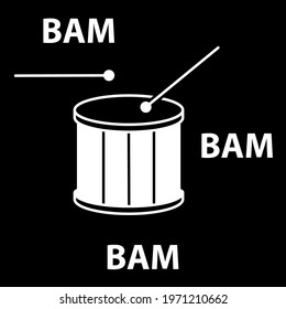 Drum icon with text. Hand drawn element, vector illustration in white on a black background.
