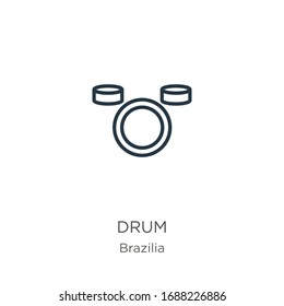 Drum icon. Thin linear drum outline icon isolated on white background from brazilia collection. Line vector sign, symbol for web and mobile
