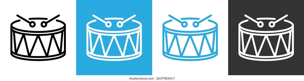 Drum icon. Drum with two drumsticks. Playing the drums. Celebration, festival concept. Vector