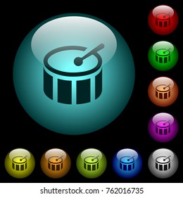 Drum icons in color illuminated spherical glass buttons on black background. Can be used to black or dark templates