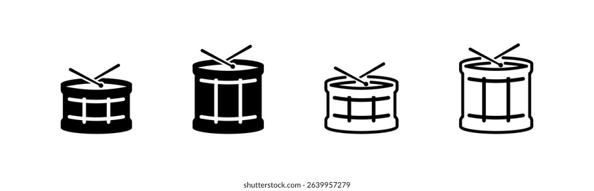 Drum icons in flat and outline vector design. Music instrument symbols for rhythm and percussion set.