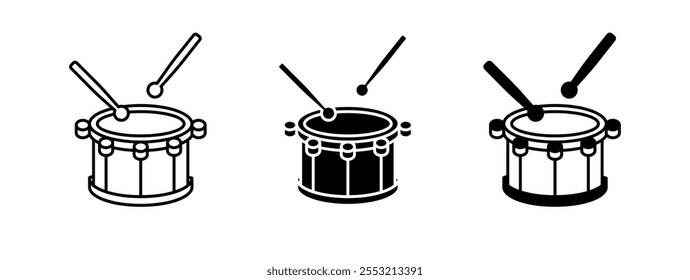 Drum icons. Linear and silhouette style. Vector icons.