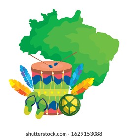 drum and icons with map of brazil vector illustration design
