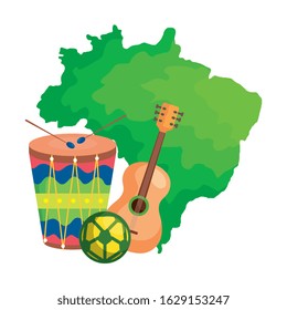 drum and icons with map of brazil vector illustration design