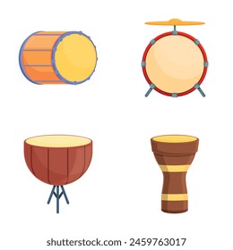 Drum-Icons setzen Cartoon-Vektorgrafik. Holztrommel in verschiedenen Stilen und Farben. Perkussions-Musikinstrument