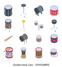 Drum icons set. Isometric set of drum vector icons for web design isolated on white background