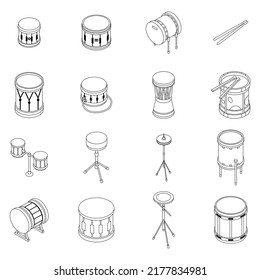 Drum icons set. Isometric set of drum vector icons thin line outline on white isolated