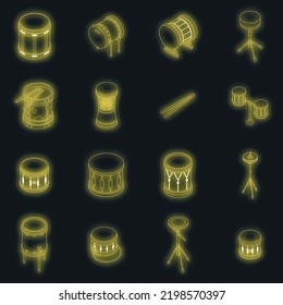 Drum icons set. Isometric set of drum vector icons neon color on black