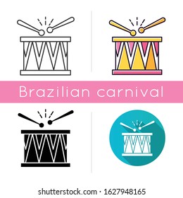 Drum icons set. Linear, black and RGB color styles. Musical instrument. Brazilian carnival. Samba. Festive drum parade. Musical movement. National holiday. Isolated vector illustrations