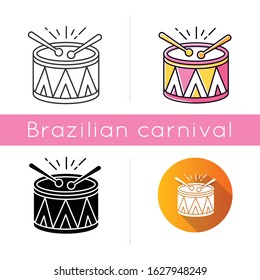 Drum icons set. Linear, black and RGB color styles. Musical instrument. Brazilian carnival. Festive drum parade. Samba. Musical movement. National holiday. Isolated vector illustrations