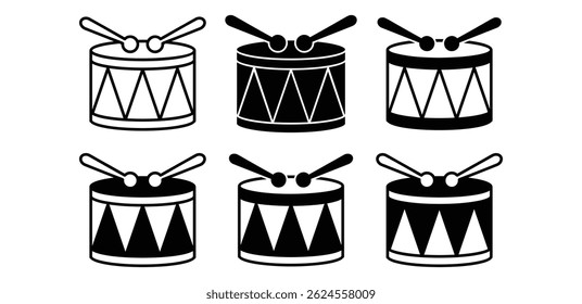 Drum Icons Set Minimalist Geometric Design Black And White Color Vector Illustration