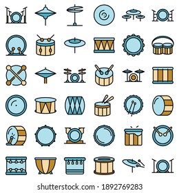 Drum icons set. Outline set of drum vector icons thin line color flat on white