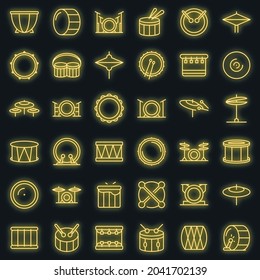 Drum icons set. Outline set of drum vector icons neon color on black