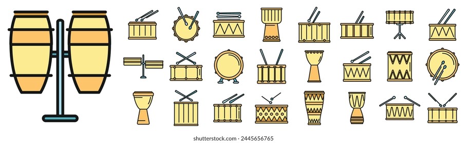 Drum icons set outline vector. Instrument music. Bongo bass thin line color flat on white