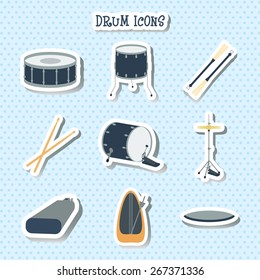 Drum icons. Stickers. Flat design. Vector illustration