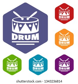 Drum icons vector colorful hexahedron set collection isolated on white 