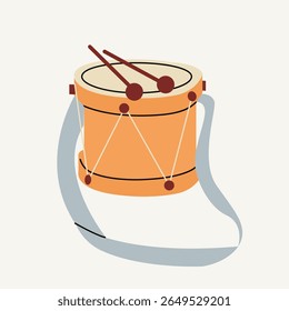 Drum illustration with retro drum sticks positioned over the drumhead. Christmas musical instrument depiction on a white background.