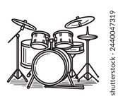 Drum installation in one line. Continuous line drawing of a drum set.